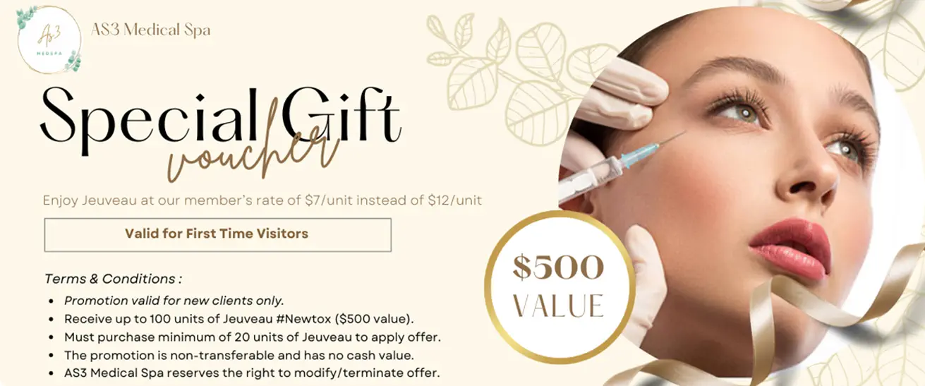 Jeuveau promotion for smoothing wrinkles and fine lines at AS3 Medical Spa
